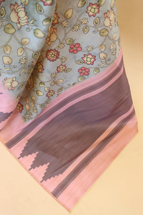 Sea_Blue_Smooth_Silk_Saree_With_Kalmkari_Print